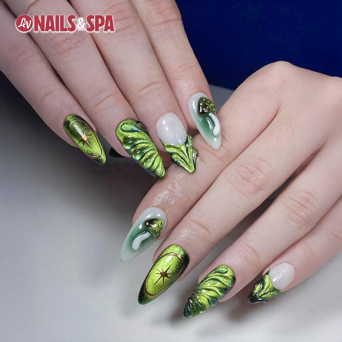 Detailed green nail set from LV Nails & Spa
